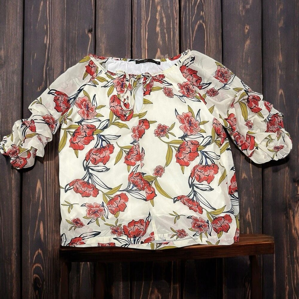 Hazel Anthropologie Floral Tie Neck Peasant Blouse Size M Cream
